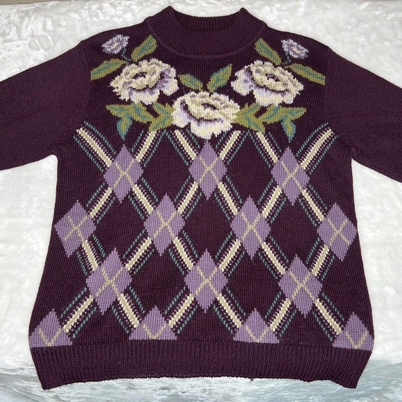 Alfred Dunner Purple Retro Floral Argyle Granny Wool Blend Knit Pullover Sweater - Picture 2 of 9